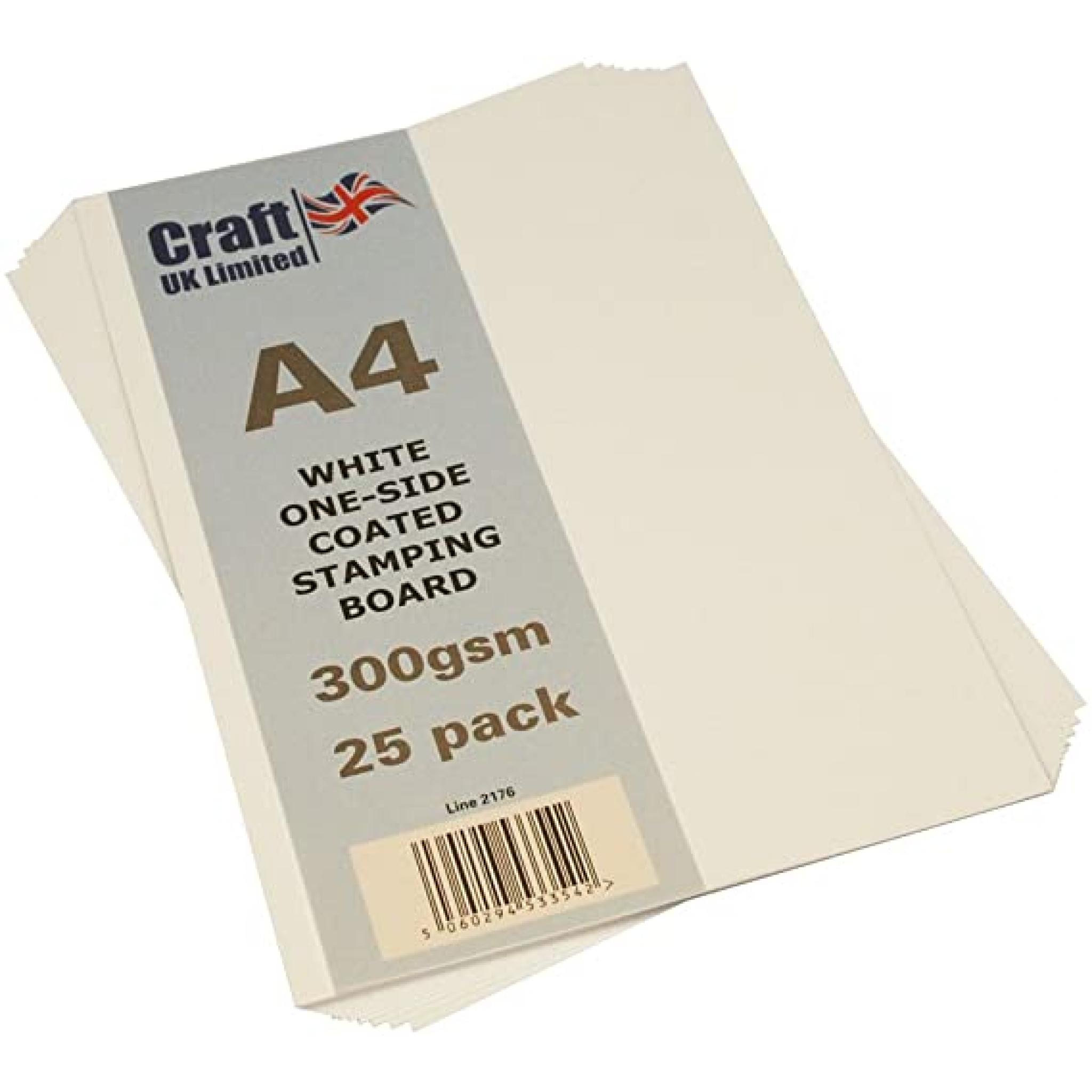 Craft UK A4 White one sided Coated Stamping Board 300gsm x 25 sheets