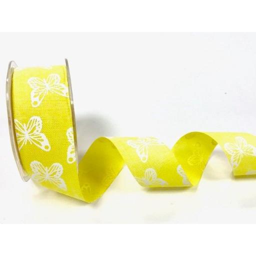 Bertie’s Bows Lemon 38mm faux linen butterfly print ribbon x 1 metre
