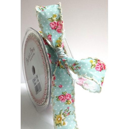 Bertie’s Bows Blue 25mm Floral Polka Dot Ribbon with Ivory Lace Edge {BTB 441-24}x 1 metre