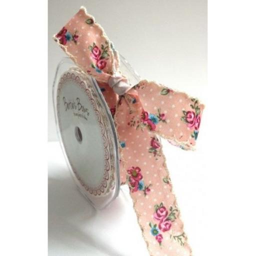Bertie’s Bows Vintage Pink 25mm Floral Polka Dot Ribbon with Ivory Lace Edge {BTB 441-32}x 1 metre