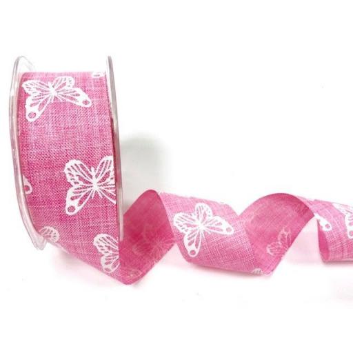 Bertie’s Bows Pink 38mm faux linen butterfly print ribbon x 1 metre