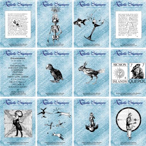 SPECIAL OFFER -Full Set x 12 stamps ( September 2023)  © Nick Bantock (cut out & mounted on cling cushioning)