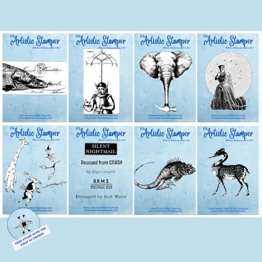 SPECIAL OFFER -Full Set x 8 stamps ( March 2024) © Nick Bantock (cut out & mounted on cling cushioning)