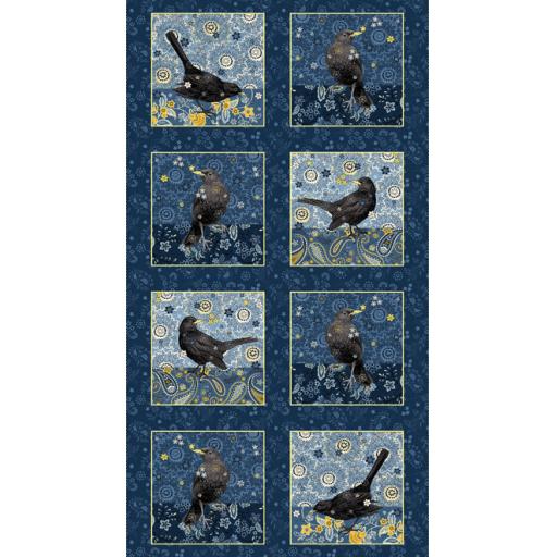 Blackbirds Calling - Navy- by Jan Mott - 1 Panel inc. 8 x 9.5" x 9.5" Blocks